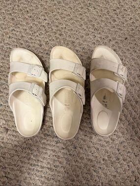 Birkenstock White Double Buckle Slide Sandals 3 right foot 😂😂😂